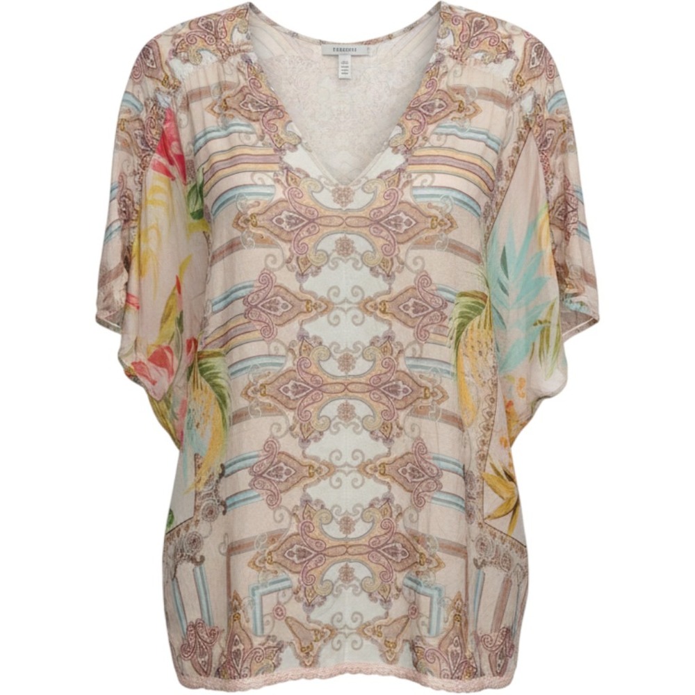 Johnny Was Silk Blouse Tropical Paisley V-Neck Tassel Top C19020-3 Pink 1X